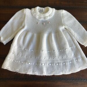 Baby Knit Long-Sleeve Dress Top with Pink Rose Detail - White